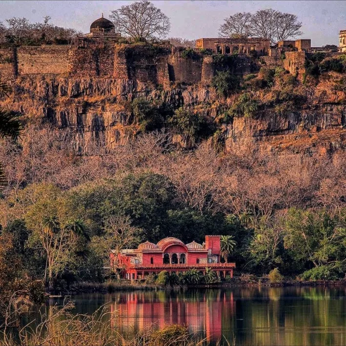Historic fort landscape above a lake in Ranthambhor